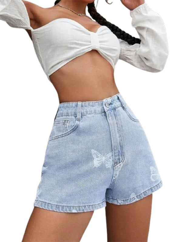 Rovioo Butterfly Print Pleated Denim Shorts
