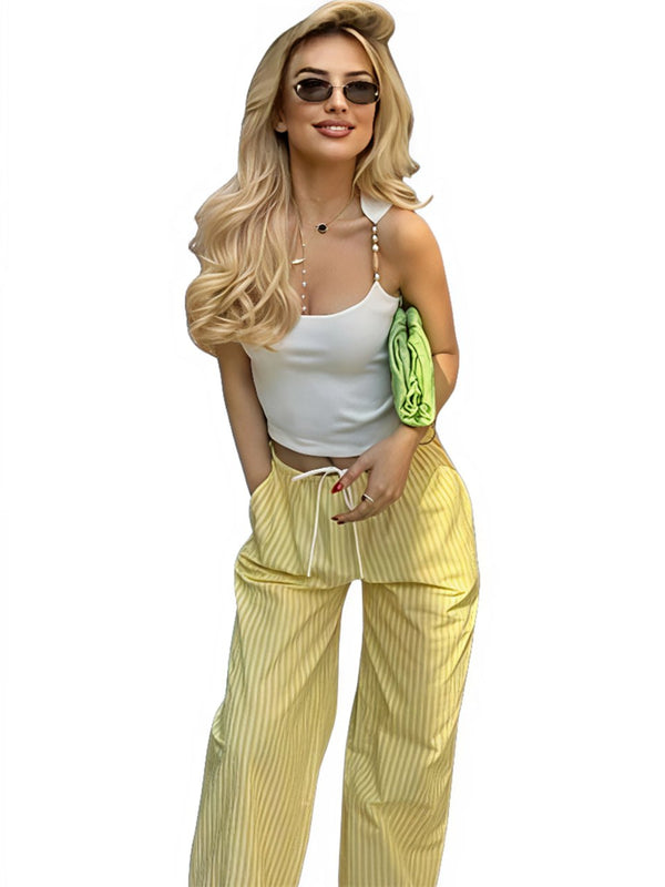 Rovioo Yellow Striped Wide Leg Pants with Drawstring