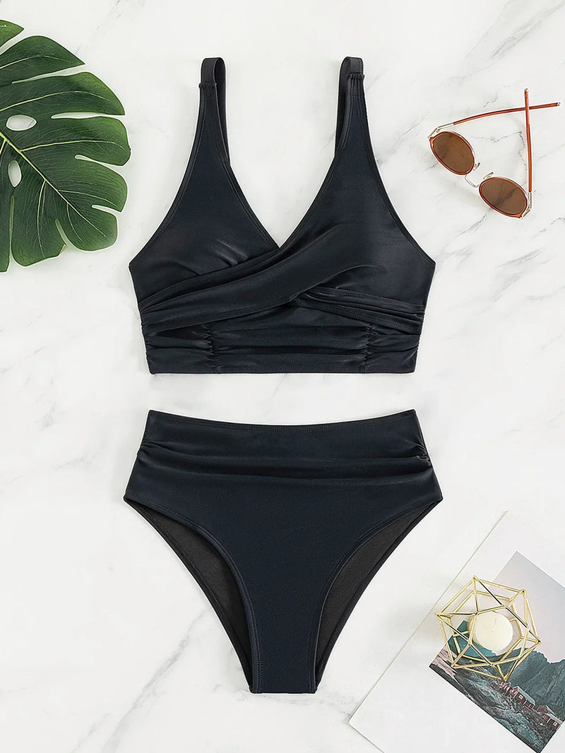 Rovioo Black V-Neck Bikini Set