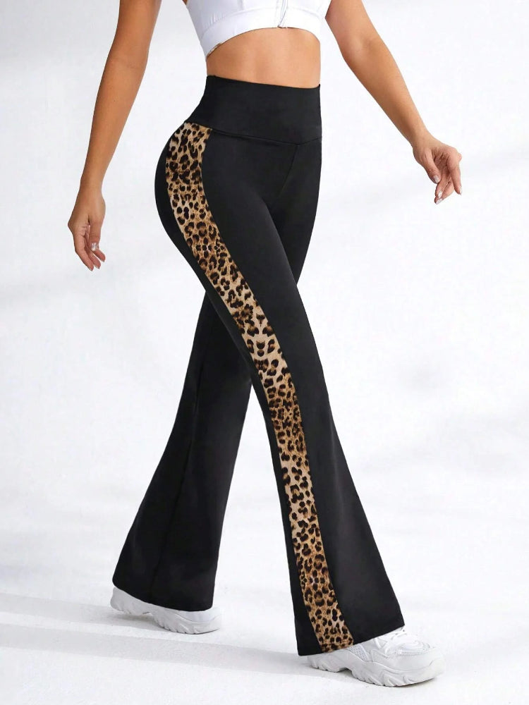 Rovioo High-Waist Flare Leggings with Leopard Side Panels