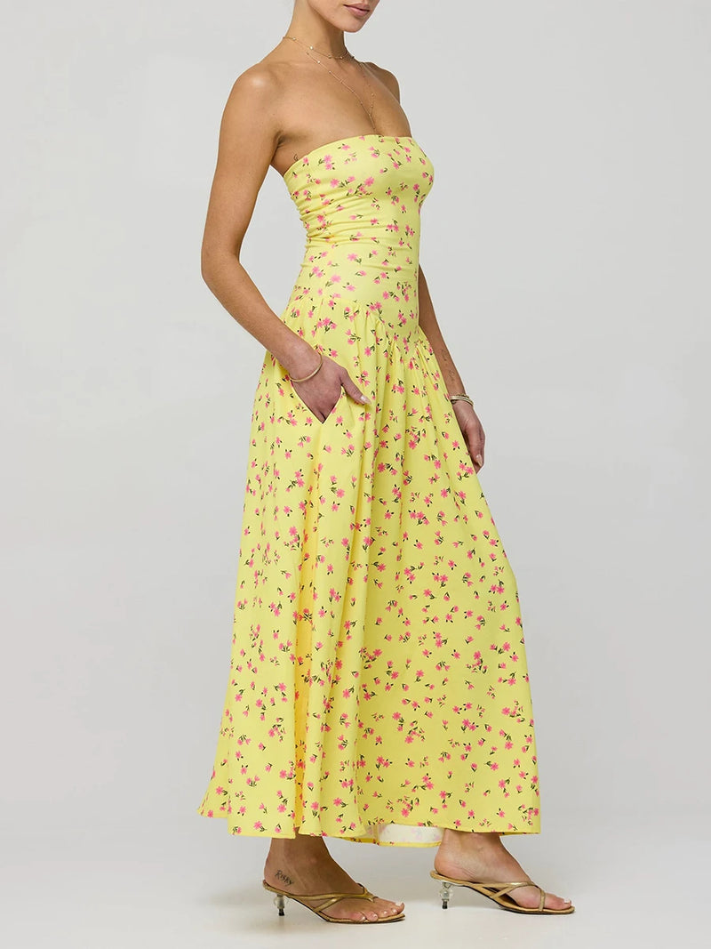 Rovioo Floral Strapless Maxi Dress
