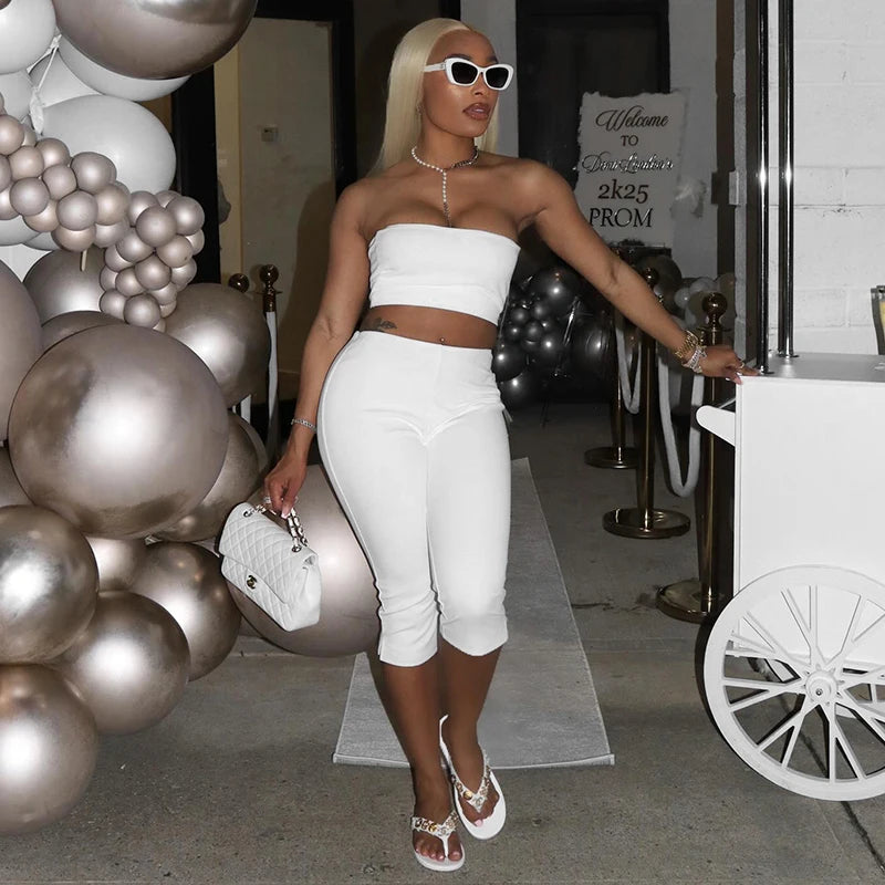 ROVIOO  CUTENOVA Women Spring Summer Solid Color Strapless Set Of Pullover Crop Tank Top + Elastic Waist Open Seven Pants Causal Sets