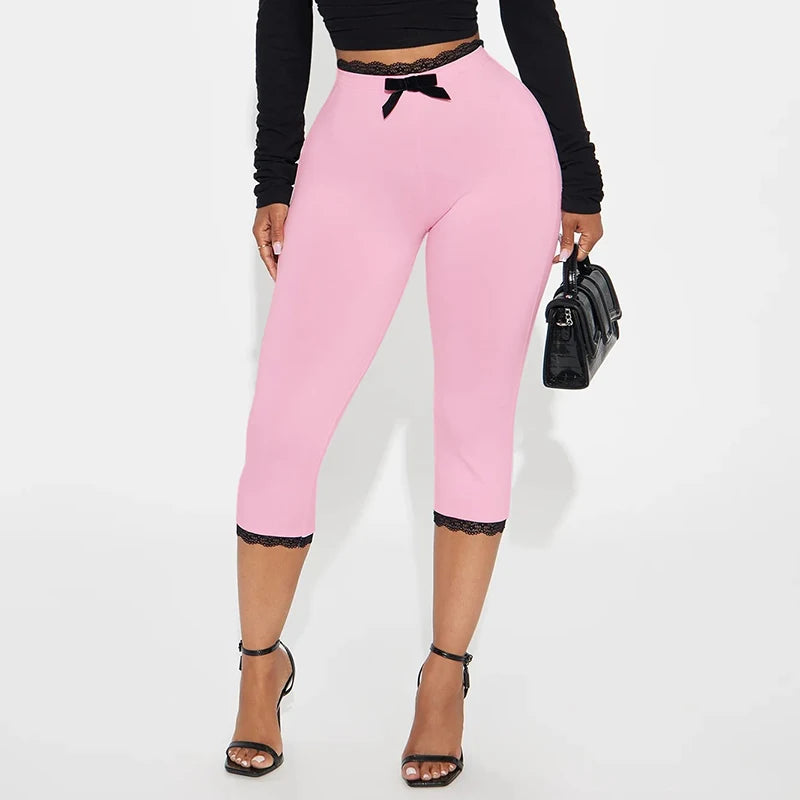 ROVIOO CUTENOVA Sexy Hottie Lace Edge Bow Decoration Leopard Print Slim Seven Pants Summer New Women'S Fashion Street Casual Seven Pant