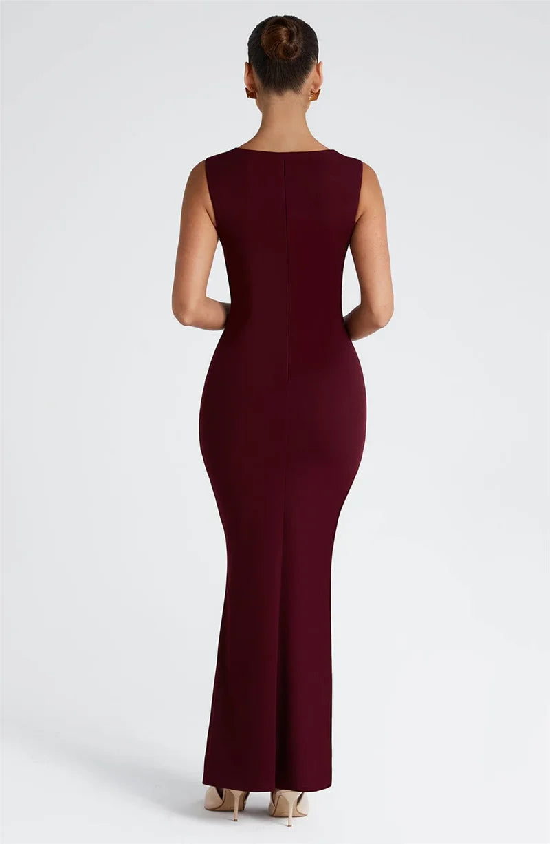 Rovioo Elegant Burgundy Square Neck Bodycon Maxi Dress