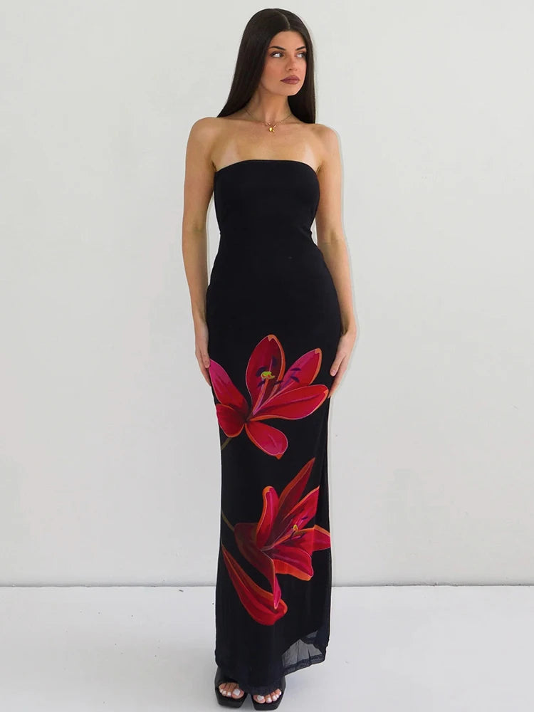Rovioo Dulzura - Elegant Floral Strapless Maxi Dress