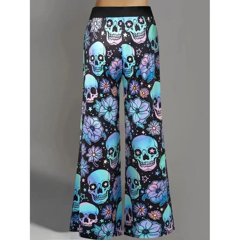 ROVIOO Plus Size Halloween Skull Floral Print High-Waist Wide-Leg Pants for Women
