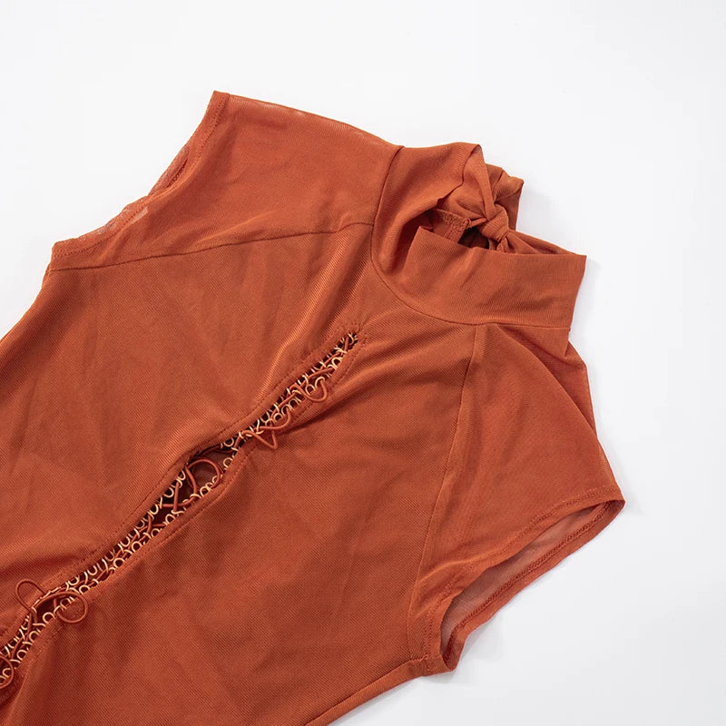 ROVIOO CUTENOVA Women'S Sexy Half High Neck Short Sleeve Chest Wear Rope Hollow Out Lace-Up Patchwork Mesh Yarn Pleated Short Dresses