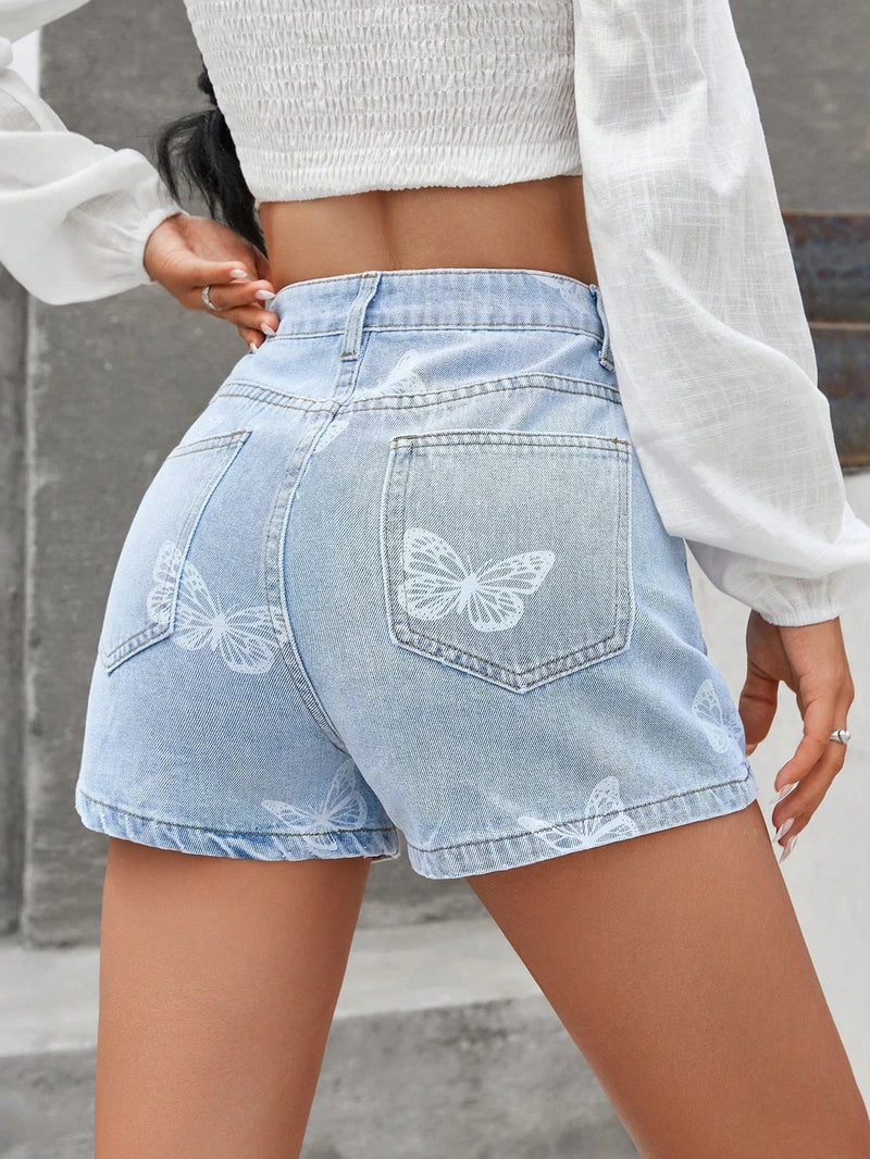 Rovioo Butterfly Print Pleated Denim Shorts