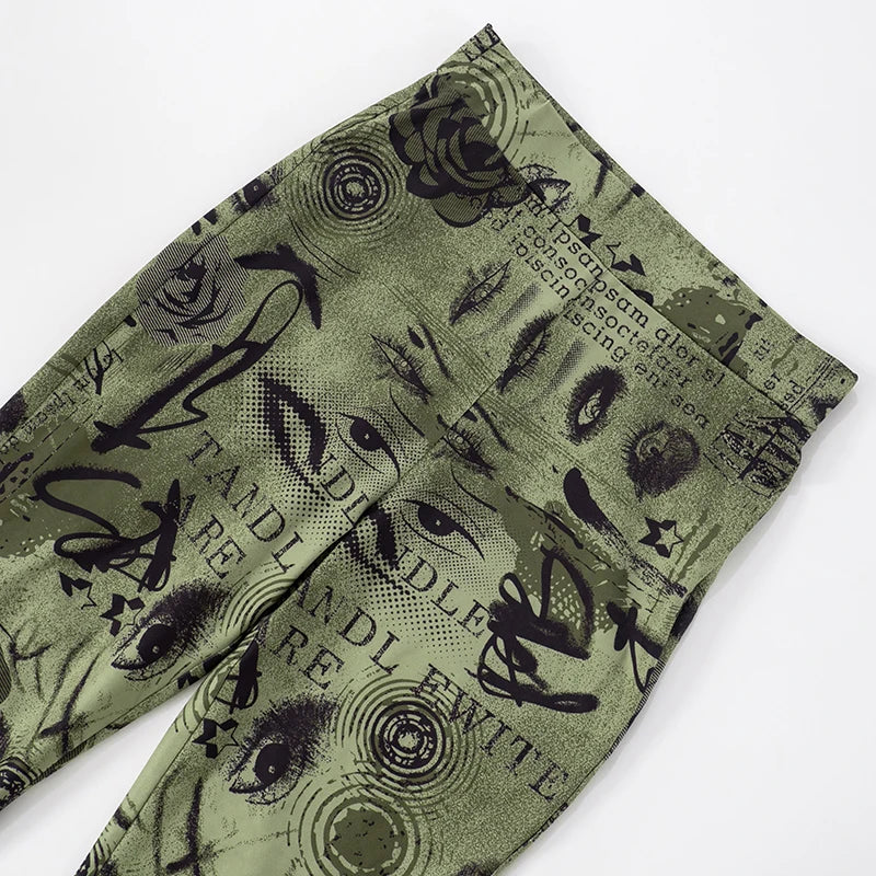 ROVIOO CUTENOVA Women'S Sexy Skinny Slit Abstract Letter Printed High Waist Stretchy Small Leg Split Shrinking Pleated Hem Casual Pants