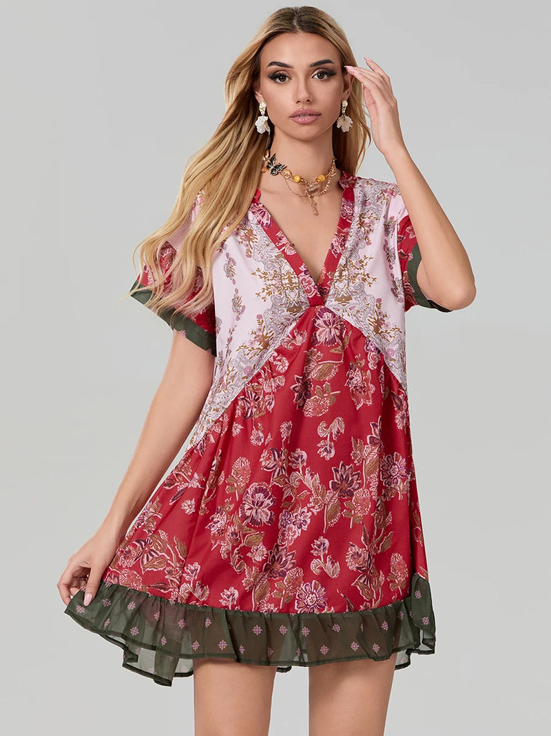 Rovioo Bohemian Floral Print Mini Dress