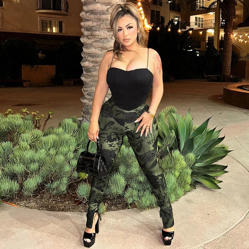 ROVIOO CUTENOVA Women'S Sexy Skinny Slit Abstract Letter Printed High Waist Stretchy Small Leg Split Shrinking Pleated Hem Casual Pants