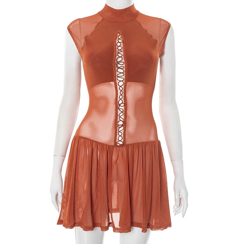 ROVIOO CUTENOVA Women'S Sexy Half High Neck Short Sleeve Chest Wear Rope Hollow Out Lace-Up Patchwork Mesh Yarn Pleated Short Dresses