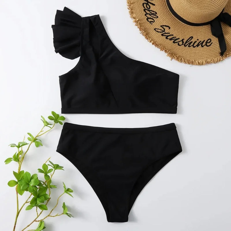 Rovioo One-Shoulder Ruffle Bikini Set