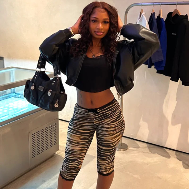 ROVIOO CUTENOVA Sexy Hottie Lace Edge Bow Decoration Leopard Print Slim Seven Pants Summer New Women'S Fashion Street Casual Seven Pant