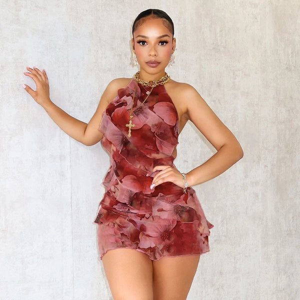 ROVIOO CUTENOVA Floral Ruffle Halter Romper