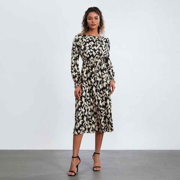Rovioo Abstract Print Tie-Waist Midi Dress