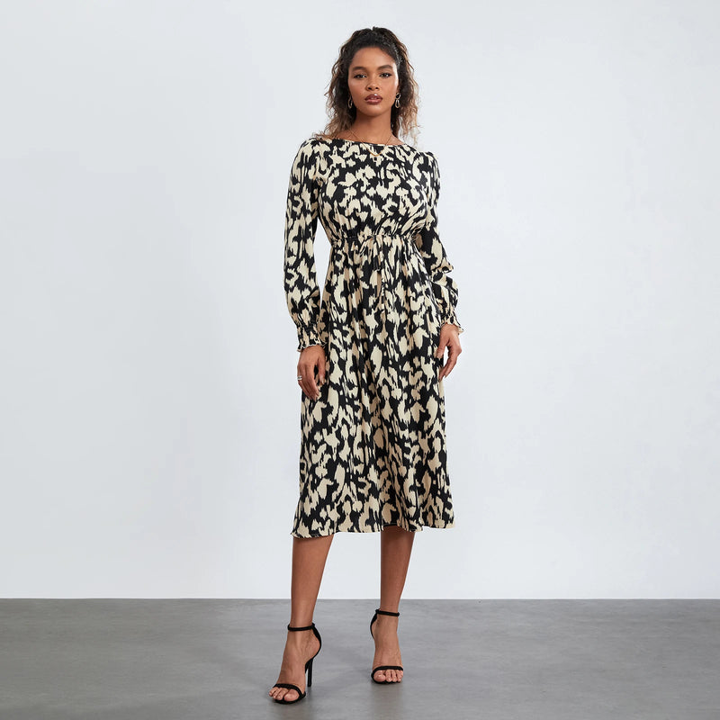 Rovioo Abstract Print Tie-Waist Midi Dress