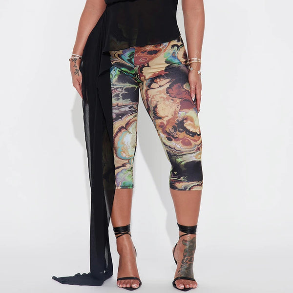 ROVIOO CUTENOVA Women'S Sexy Skinny Abstract Pattern Printed Elastic High Waisted Hip Wrap Elastic Seven Points Casual Sporty Pants