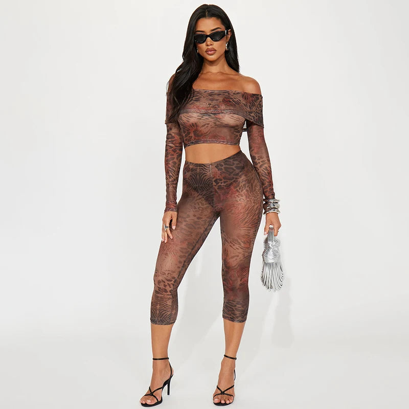 Rovioo CUTENOVA Women’s Floral Leopard Mesh Two-Piece Set