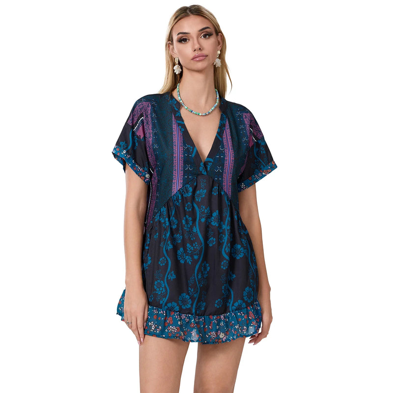 Rovioo Bohemian Floral Print Mini Dress