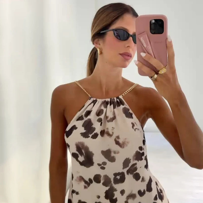 ROVIOO CUTENOVA Cow Print Halter Neck Mini Dress