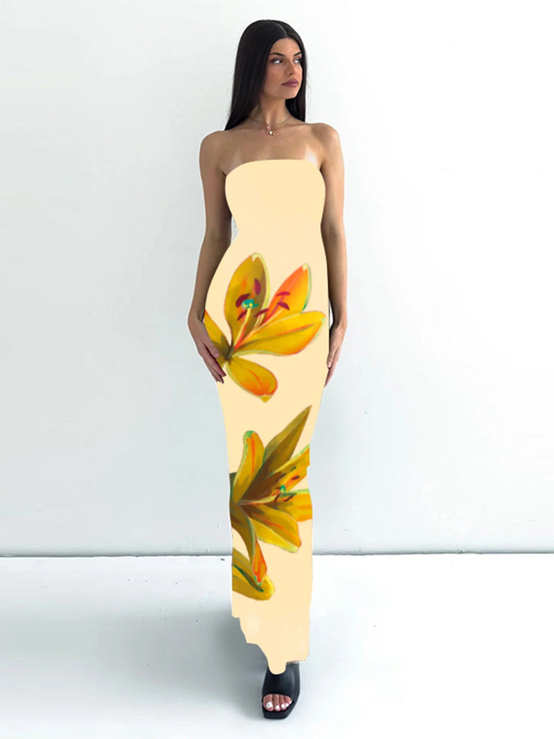 Rovioo Dulzura - Elegant Floral Strapless Maxi Dress