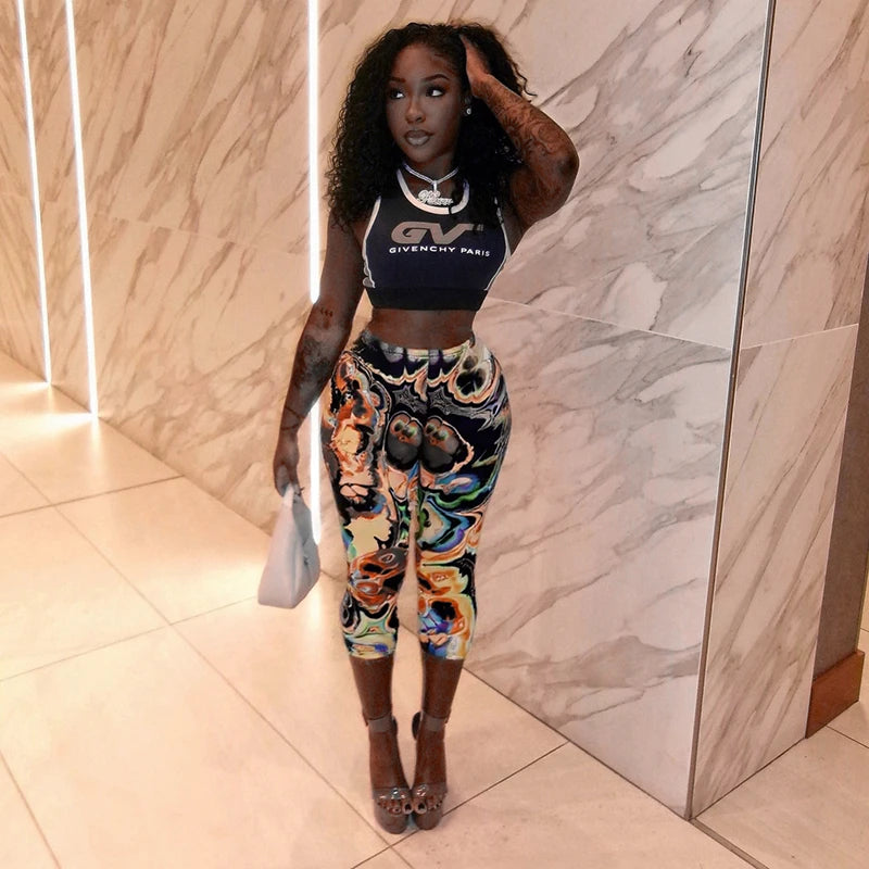 ROVIOO CUTENOVA Women'S Sexy Skinny Abstract Pattern Printed Elastic High Waisted Hip Wrap Elastic Seven Points Casual Sporty Pants