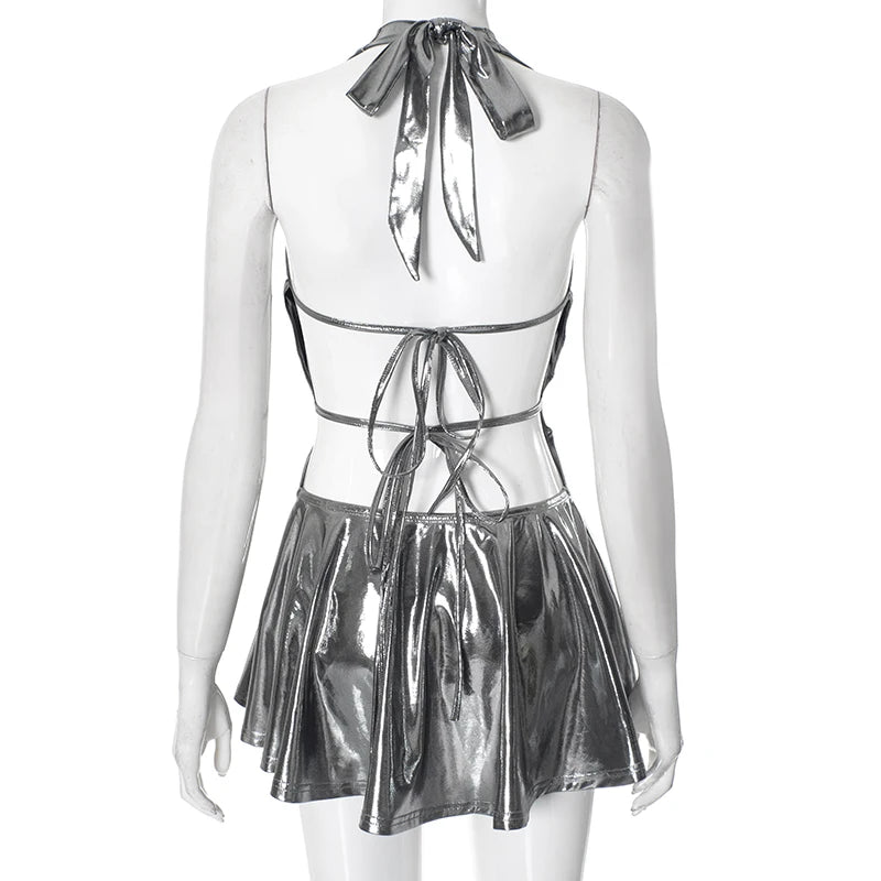 ROVIOO CUTENOVA Metallic Silver Halter Mini Dress