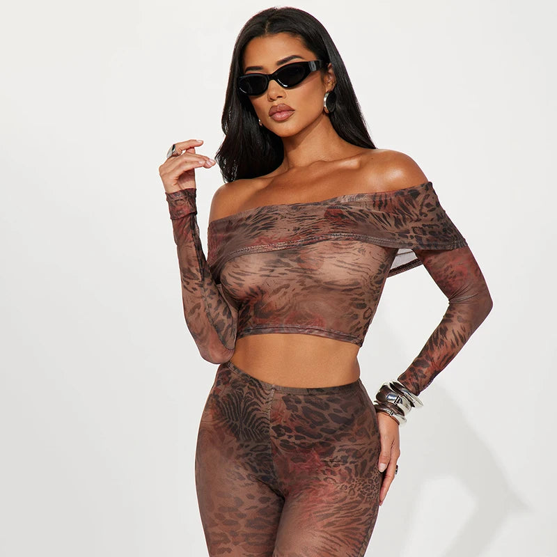 Rovioo CUTENOVA Women’s Floral Leopard Mesh Two-Piece Set