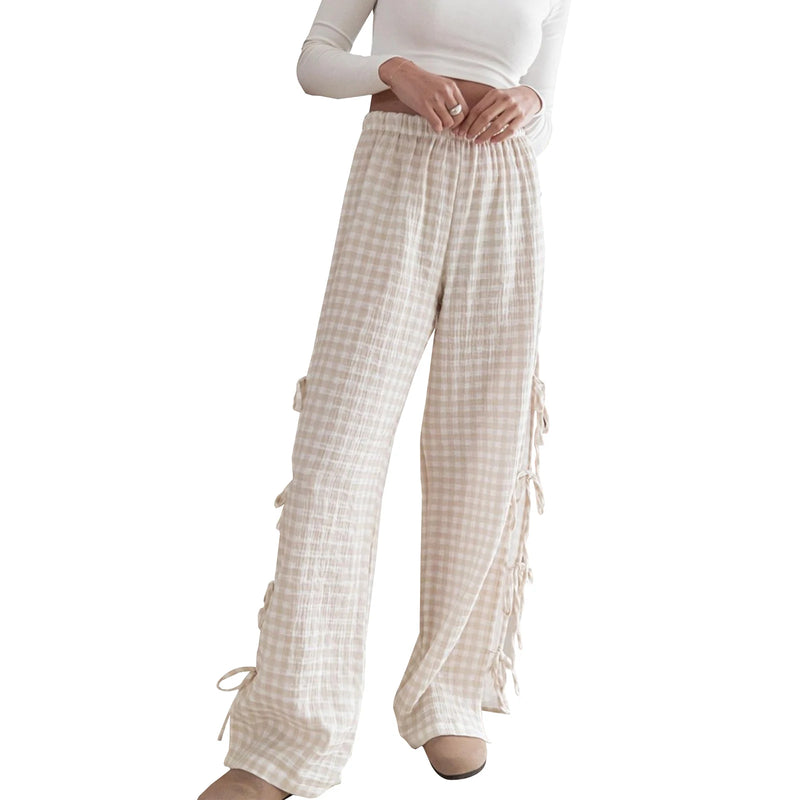 Blue Gingham Wide-Leg Pants with Side Tie Details