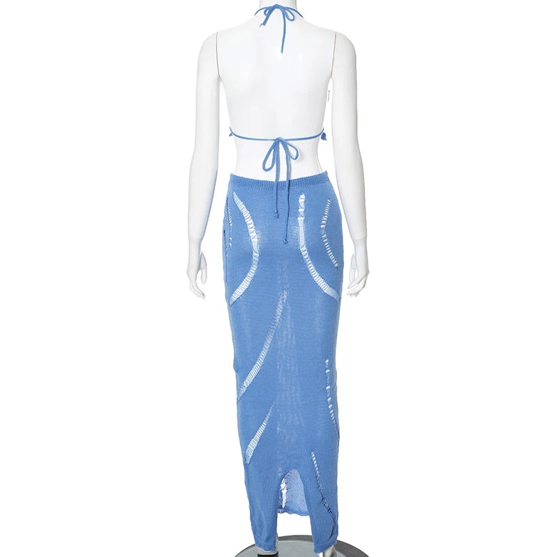 ROVIOO CUTENOVA 2024 Summer Women'S Sexy Hollow Mesh Beah Backless Tops Drawstring Long Skirts Elegant Sexy Party Dresses Club Outfits