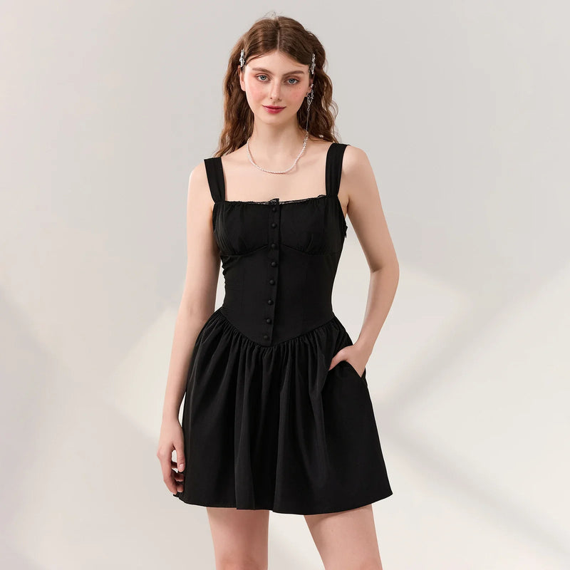 Rovioo Black Linen Button-Front Mini Dress
