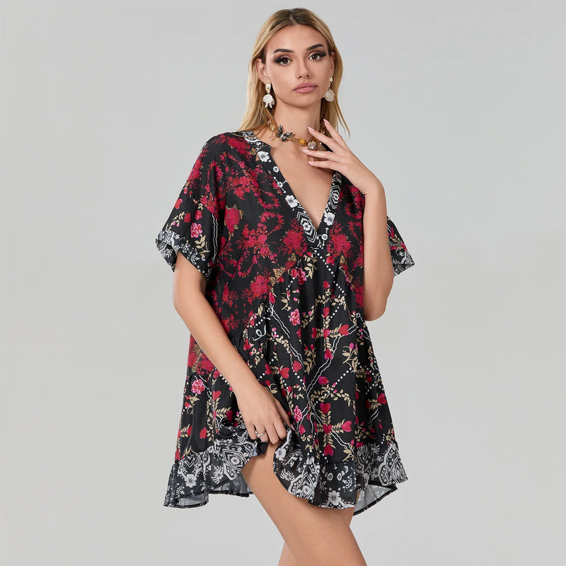 Rovioo Bohemian Floral Print Mini Dress