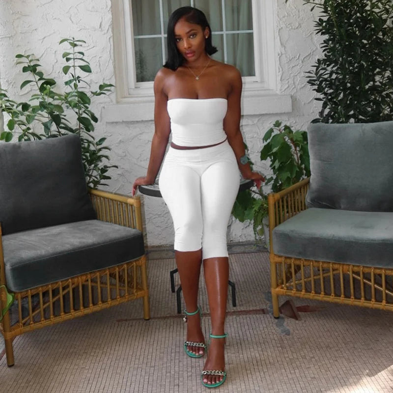 ROVIOO  CUTENOVA Women Spring Summer Solid Color Strapless Set Of Pullover Crop Tank Top + Elastic Waist Open Seven Pants Causal Sets