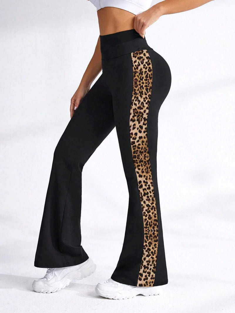 Rovioo High-Waist Flare Leggings with Leopard Side Panels