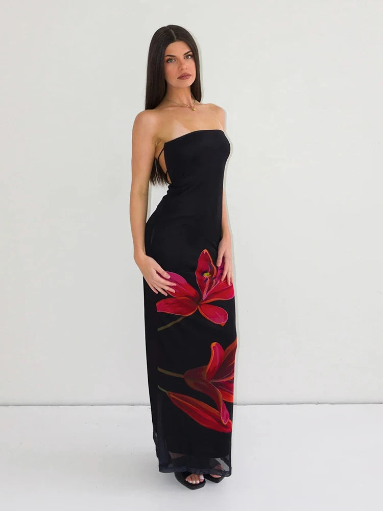Rovioo Dulzura - Elegant Floral Strapless Maxi Dress