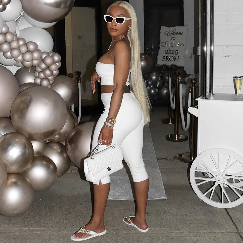 ROVIOO  CUTENOVA Women Spring Summer Solid Color Strapless Set Of Pullover Crop Tank Top + Elastic Waist Open Seven Pants Causal Sets