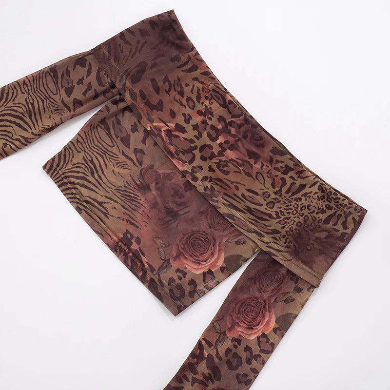 Rovioo CUTENOVA Women’s Floral Leopard Mesh Two-Piece Set