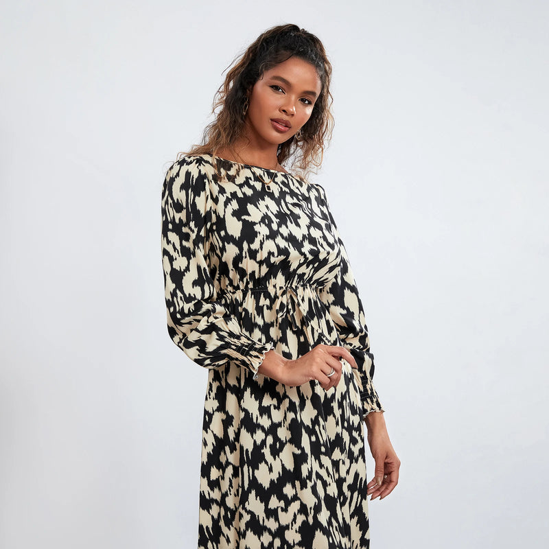 Rovioo Abstract Print Tie-Waist Midi Dress