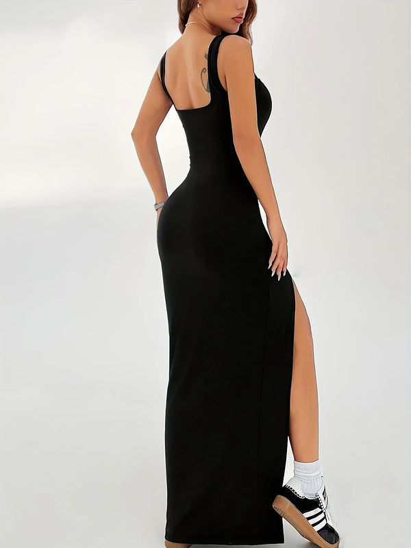 Rovioo Black Sleeveless Maxi Dress with High Slit