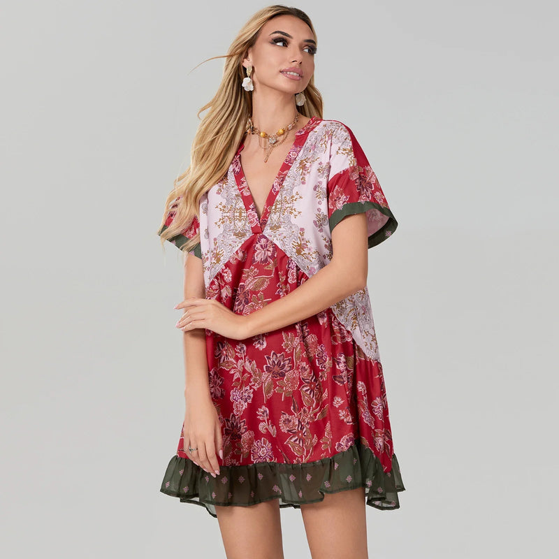 Rovioo Bohemian Floral Print Mini Dress
