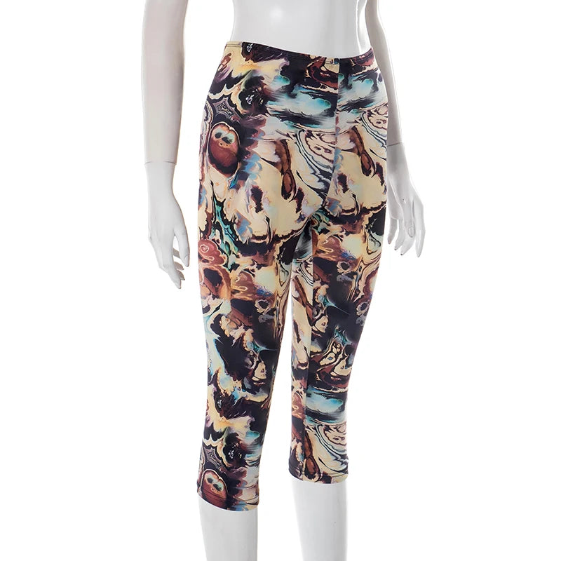 ROVIOO CUTENOVA Women'S Sexy Skinny Abstract Pattern Printed Elastic High Waisted Hip Wrap Elastic Seven Points Casual Sporty Pants