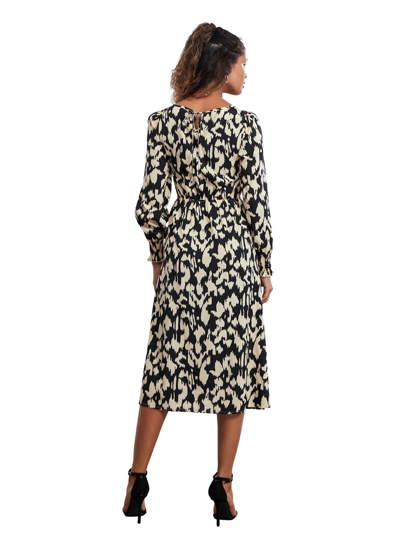 Rovioo Abstract Print Tie-Waist Midi Dress