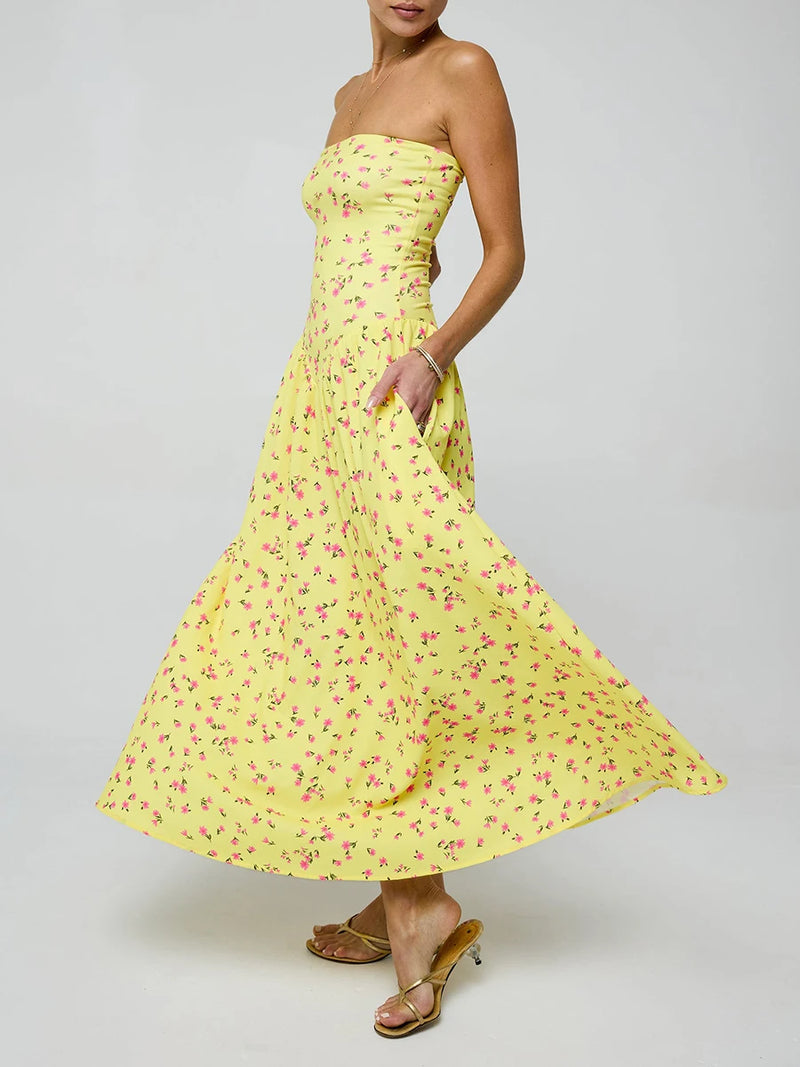 Rovioo Floral Strapless Maxi Dress