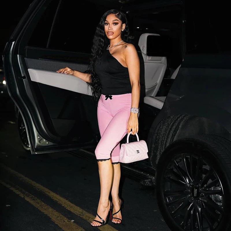 ROVIOO CUTENOVA Sexy Hottie Lace Edge Bow Decoration Leopard Print Slim Seven Pants Summer New Women'S Fashion Street Casual Seven Pant