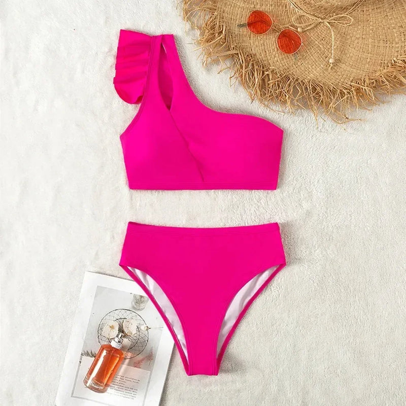 Rovioo One-Shoulder Ruffle Bikini Set