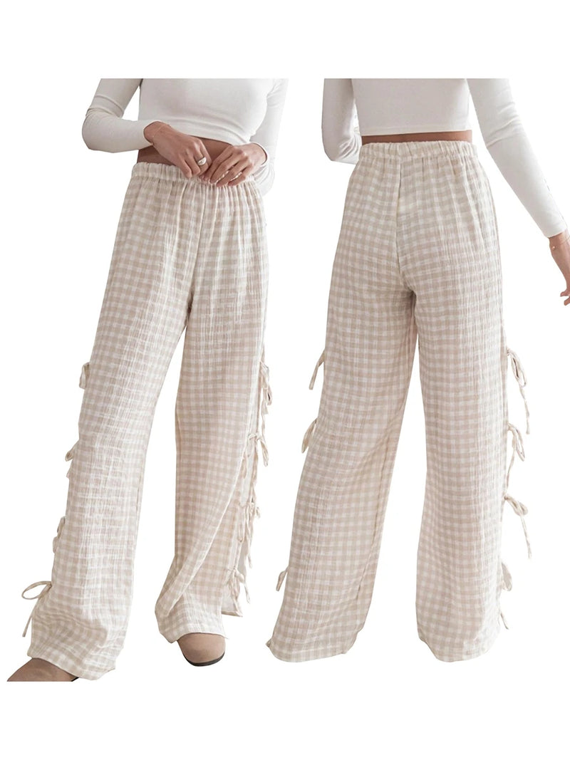 Blue Gingham Wide-Leg Pants with Side Tie Details