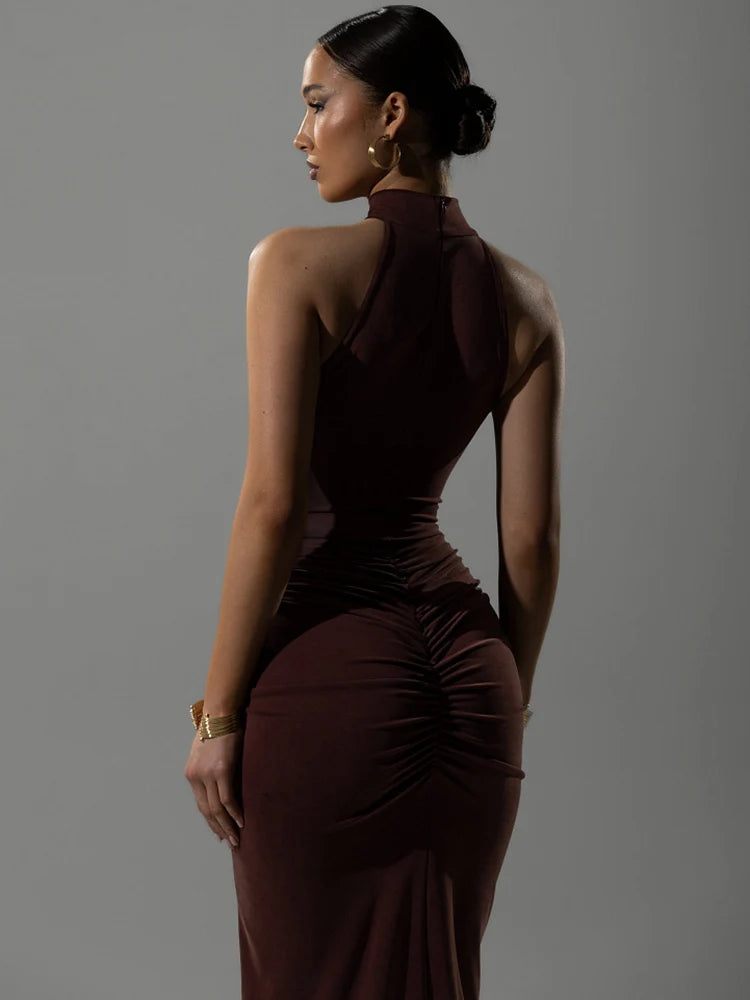 Rovioo Ruched Halter Neck Maxi Dress with High Slit