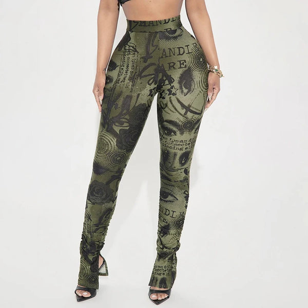 ROVIOO CUTENOVA Women'S Sexy Skinny Slit Abstract Letter Printed High Waist Stretchy Small Leg Split Shrinking Pleated Hem Casual Pants