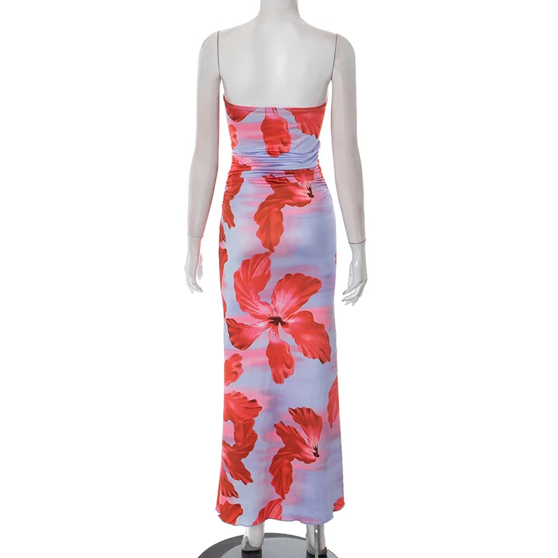 ROVIOO CUTENOVA - Tropical Floral Strapless Maxi Dress